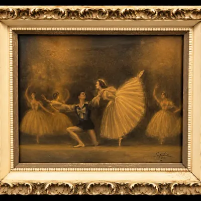 Vintage Ballet Dancers Framed Art Print Ornate Cream Frame 21” x 22.5” Signed