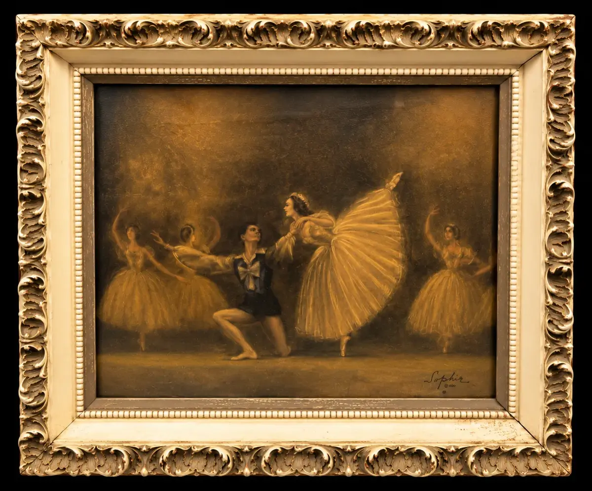 Vintage Ballet Dancers Framed Art Print Ornate Cream Frame 21” x 22.5” Signed