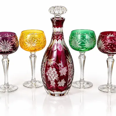 Bohemian Cut-to-Clear Crystal Lot – 4 Colored Wine Glasses, 2 Bells & Decanter