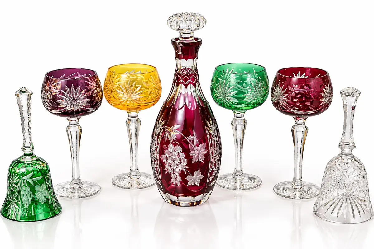 Bohemian Cut-to-Clear Crystal Lot – 4 Colored Wine Glasses, 2 Bells & Decanter