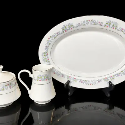 Crown Ming Jian Shiang Fine China Serving Platter, Creamer & Sugar Bowl Floral Set