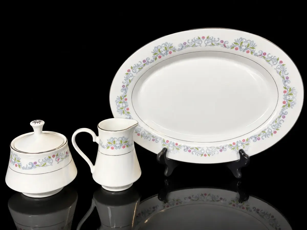 Crown Ming Jian Shiang Fine China Serving Platter, Creamer & Sugar Bowl Floral Set