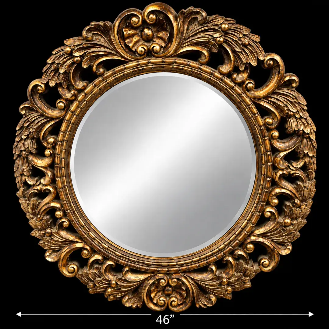 Large 46” Round Ornate Baroque Style Gilt Gold Wall Mirror Carved Scroll Frame