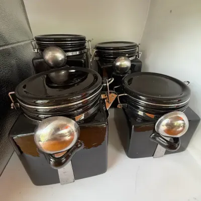 HOME Black Ceramic Canister Set of 4 w/ Stainless Steel Scoops Clamp Lids