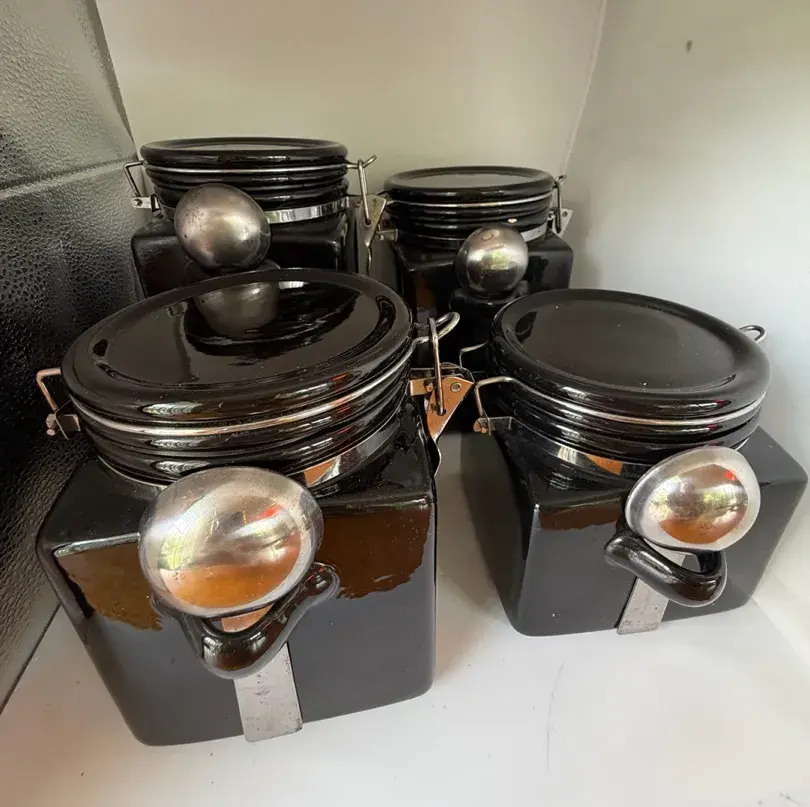 HOME Black Ceramic Canister Set of 4 w/ Stainless Steel Scoops Clamp Lids