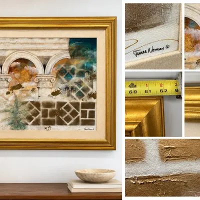 James Norman Signed Oil on Canvas Architectural Abstract Painting 62” x 51” Framed