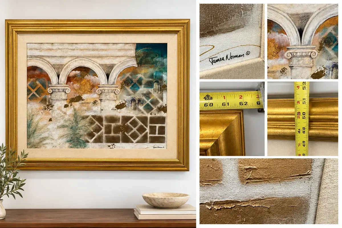 James Norman Signed Oil on Canvas Architectural Abstract Painting 62” x 51” Framed