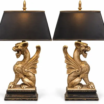 Pair Ornate Winged Griffin Table Lamps Gilt Gold Black Shades 34” Tall