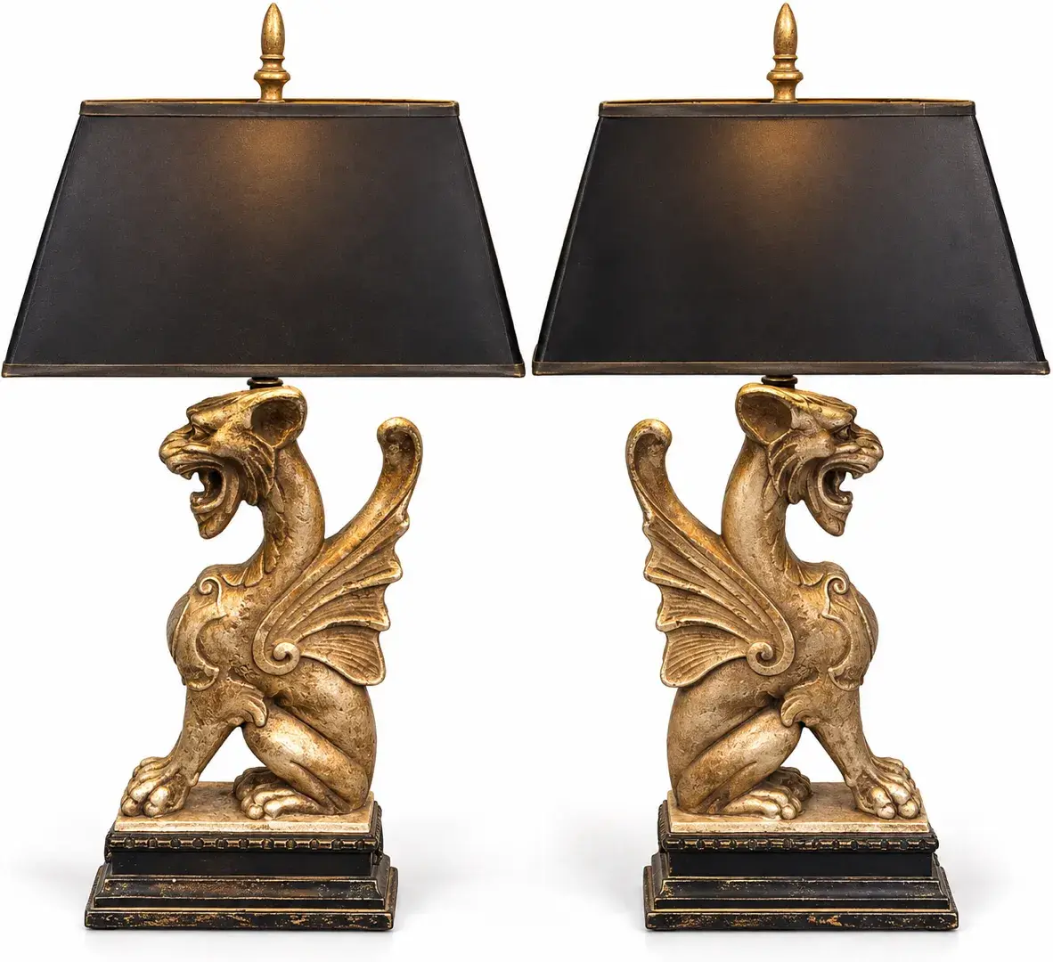 Pair Ornate Winged Griffin Table Lamps Gilt Gold Black Shades 34” Tall