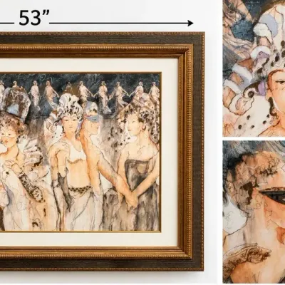 Unsigned Masquerade Figural Artwork Ornate Gold Framed Large 53” x 40.5”