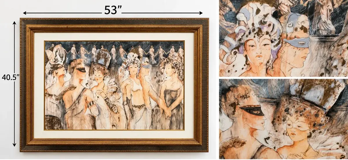 Unsigned Masquerade Figural Artwork Ornate Gold Framed Large 53” x 40.5”