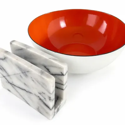 Mid-Century Modern Orange Enamel Bowl & White Marble Napkin/Letter Holder