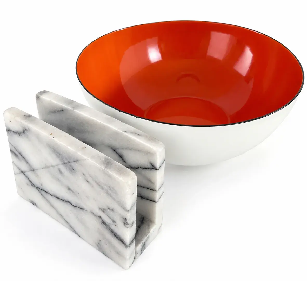 Mid-Century Modern Orange Enamel Bowl & White Marble Napkin/Letter Holder