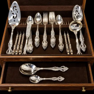Vintage Romantic Rose EP on SS Japan Flatware & Serving Utensils w/ Case