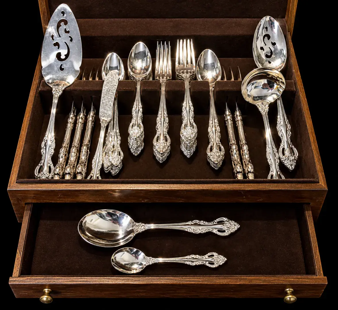 Vintage Romantic Rose EP on SS Japan Flatware & Serving Utensils w/ Case