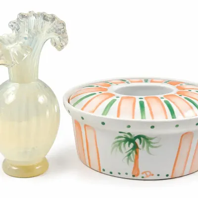 Murano Style Crimped Glass Bud Vase & Vintage D. Norman Ocean Pottery Lidded Dish