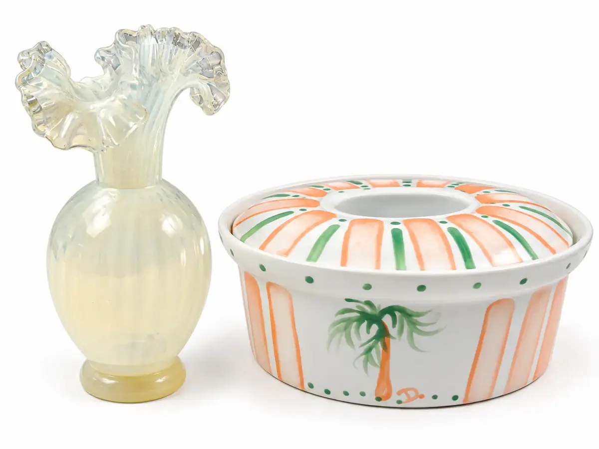 Murano Style Crimped Glass Bud Vase & Vintage D. Norman Ocean Pottery Lidded Dish
