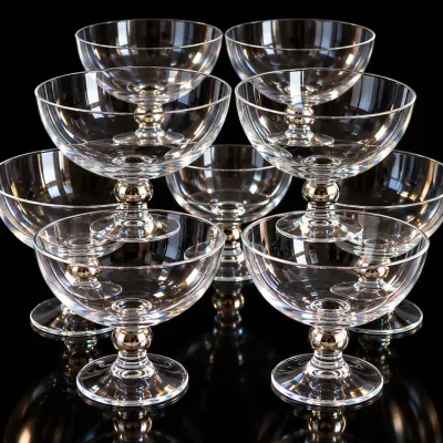 Set of 8 Crystal Coupe Dessert Champagne Glasses Silver Ball Stem 4” Vintage