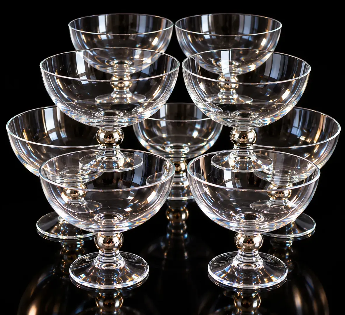 Set of 8 Crystal Coupe Dessert Champagne Glasses Silver Ball Stem 4” Vintage