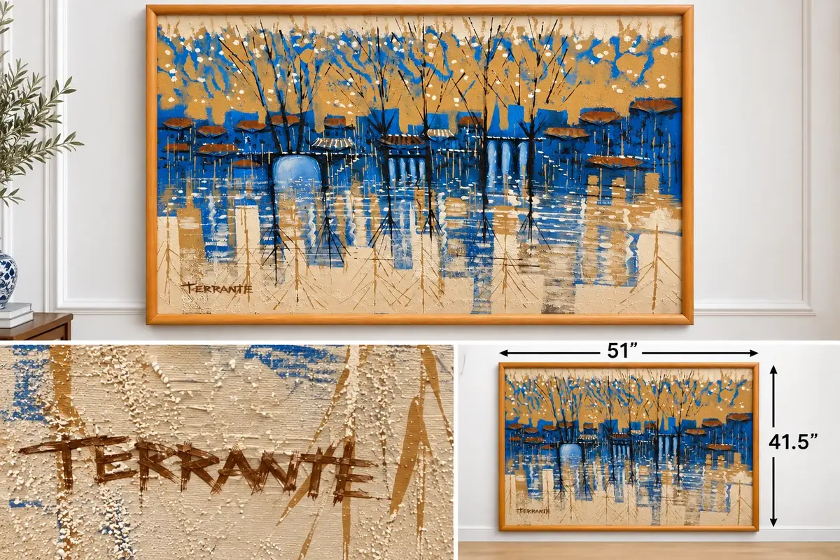 Large Signed Terrante Mid-Century Modern Abstract Cityscape Painting 51” x 41.5”