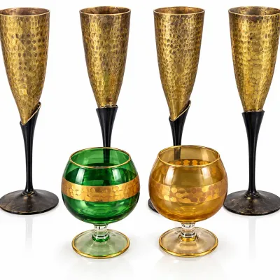 Vintage Hammered Brass Champagne Flutes & Colored Glass Goblets Made in India