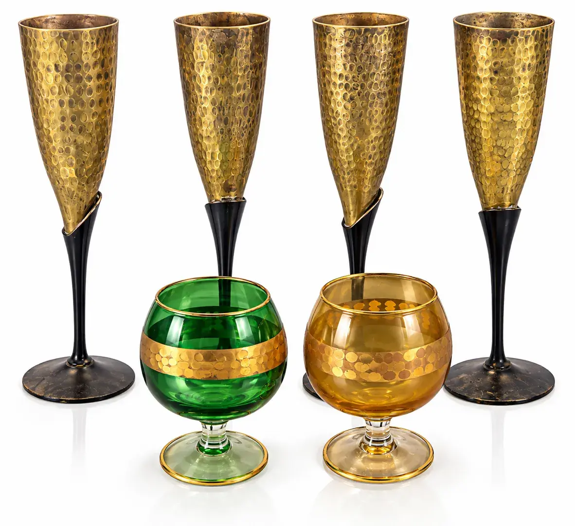 Vintage Hammered Brass Champagne Flutes & Colored Glass Goblets Made in India