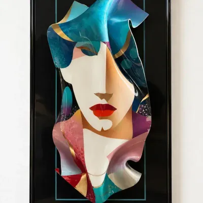 Modern Abstract Woman Portrait 3D Sculptural Wall Art Teal Black Framed