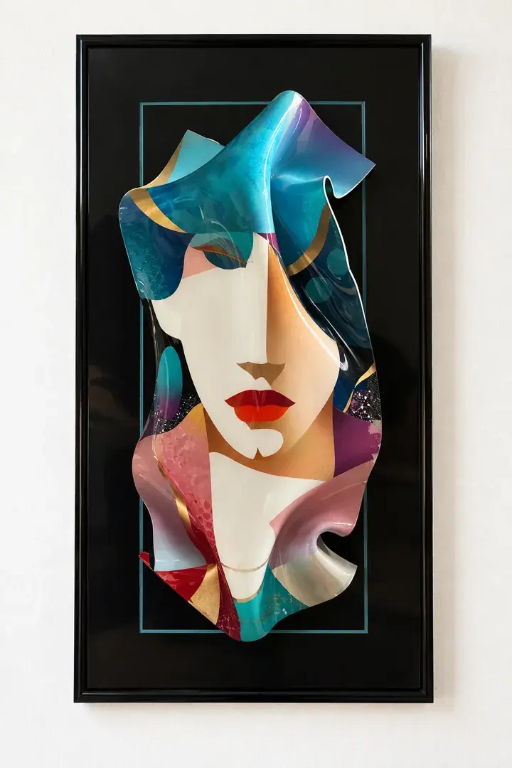 Modern Abstract Woman Portrait 3D Sculptural Wall Art Teal Black Framed