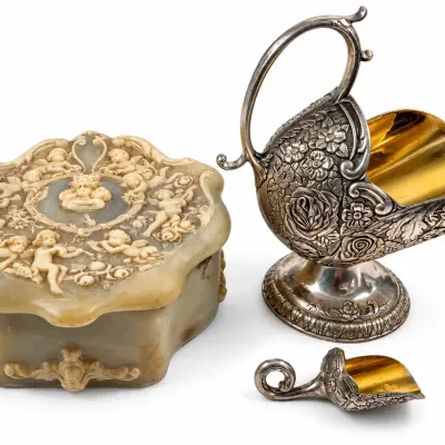 Vintage Ornate Floral Sugar Scuttle w/ Matching Scoop Gold Tone Interior
