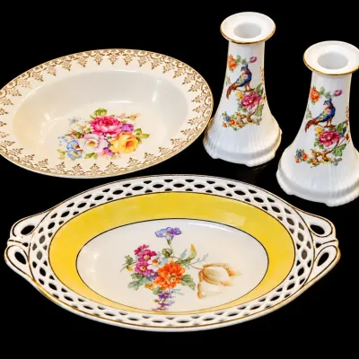 Vintage China Lot Edwin M Knowles RC Bavaria Lattice Basket & Bird Candlesticks
