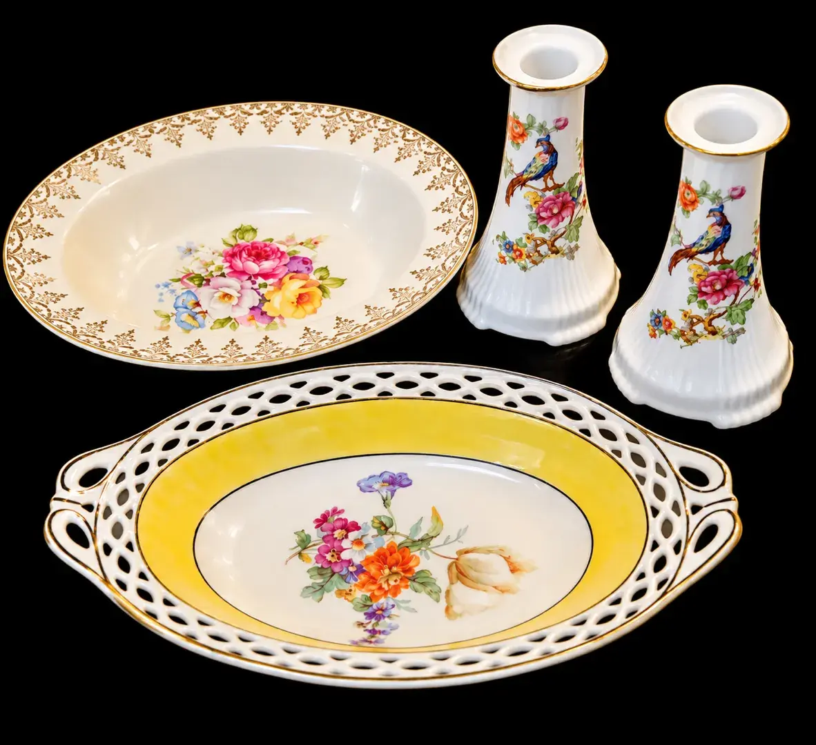 Vintage China Lot Edwin M Knowles RC Bavaria Lattice Basket & Bird Candlesticks