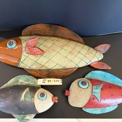 Signed Art Pottery Ceramic Fish Wall Sculptures Folk Art Lot of 3 Large