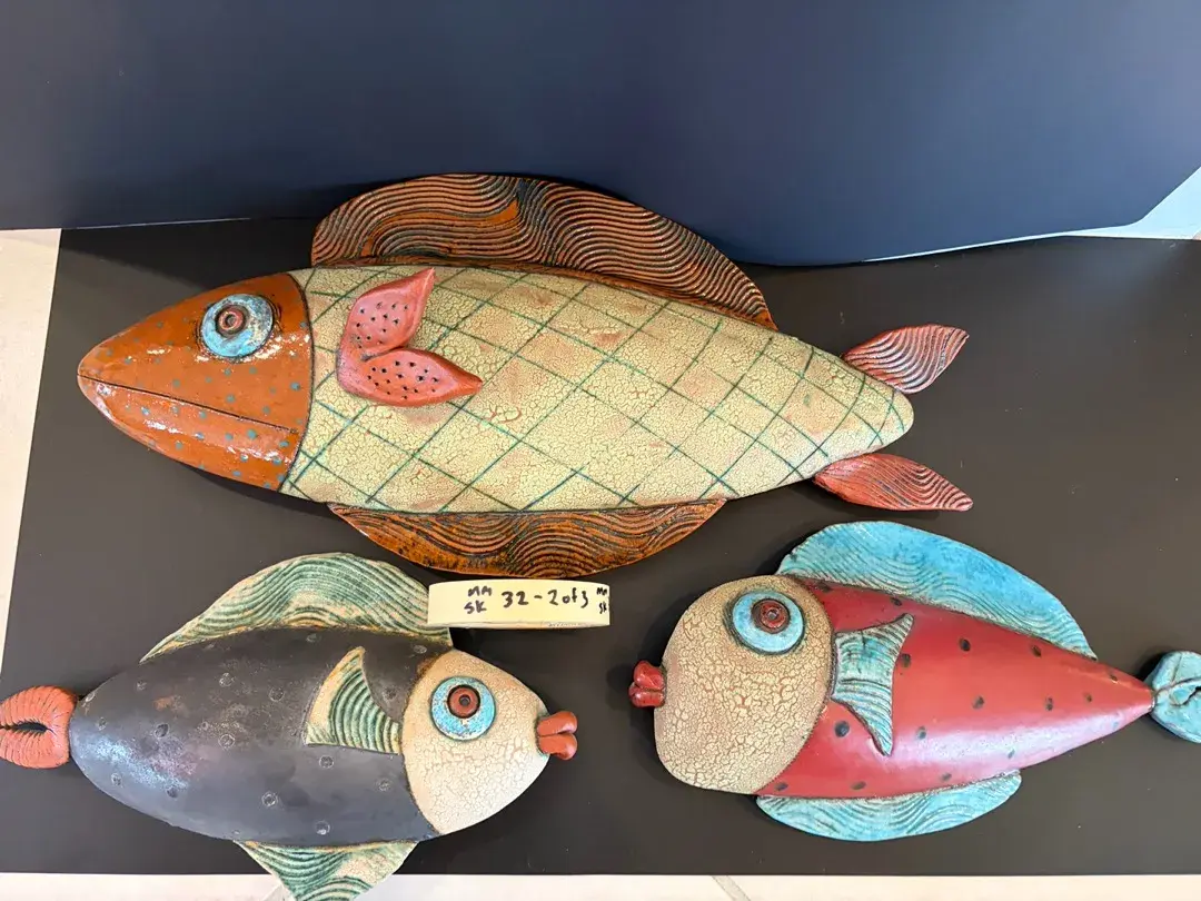 Signed Art Pottery Ceramic Fish Wall Sculptures Folk Art Lot of 3 Large