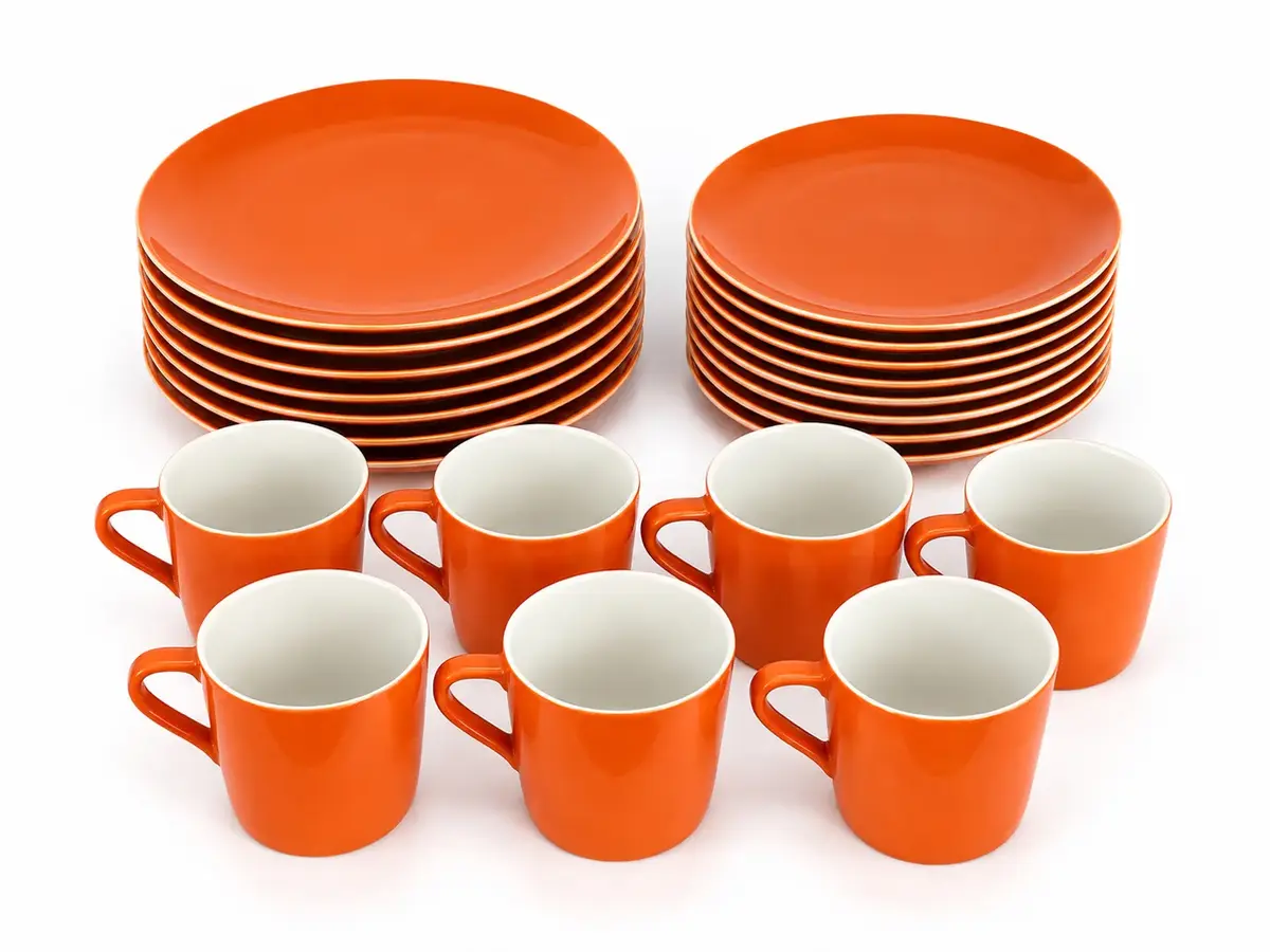 Vintage Orange MCM Dinnerware Set 7 Large 8 Small Plates & 6 Cups 21 Pieces
