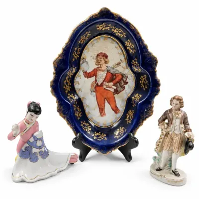 Meissen Style Porcelain Platter & Figurine Lot – Gilt Accents Vintage Decor