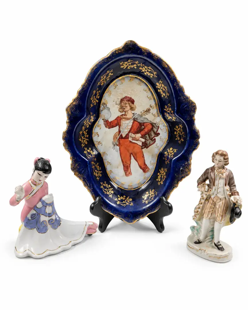 Meissen Style Porcelain Platter & Figurine Lot – Gilt Accents Vintage Decor