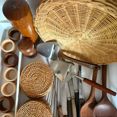 Vintage MCM Kitchen Utensil Lot Wood Salad Servers, Wicker, Cheese Tools & More