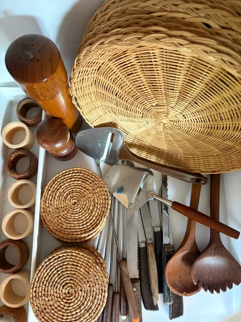 Vintage MCM Kitchen Utensil Lot Wood Salad Servers, Wicker, Cheese Tools & More