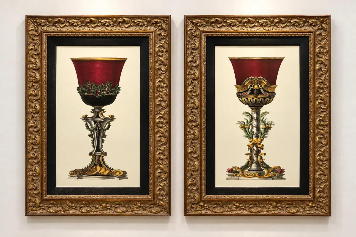 Pair Ornate Gilt Framed Classical Urn Prints Neoclassical Grand Tour Style Art