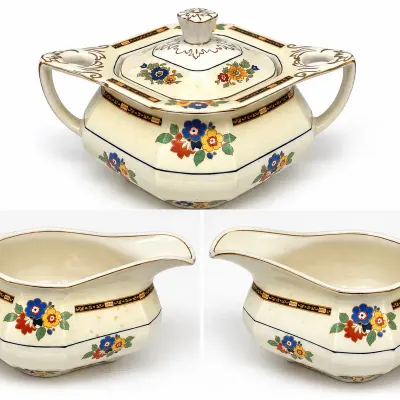 Sheraton Ivory England 3 Piece Set W.H. Grindley Sheraton Ivory 3-Pc Floral Sugar Bowl & Creamer Set