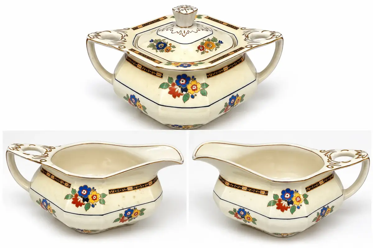 Sheraton Ivory England 3 Piece Set W.H. Grindley Sheraton Ivory 3-Pc Floral Sugar Bowl & Creamer Set
