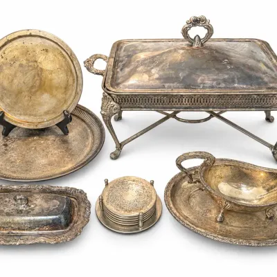 Vintage Silverplate Serving Ware Lot Chafing Dish Gravy Boat Trays & More