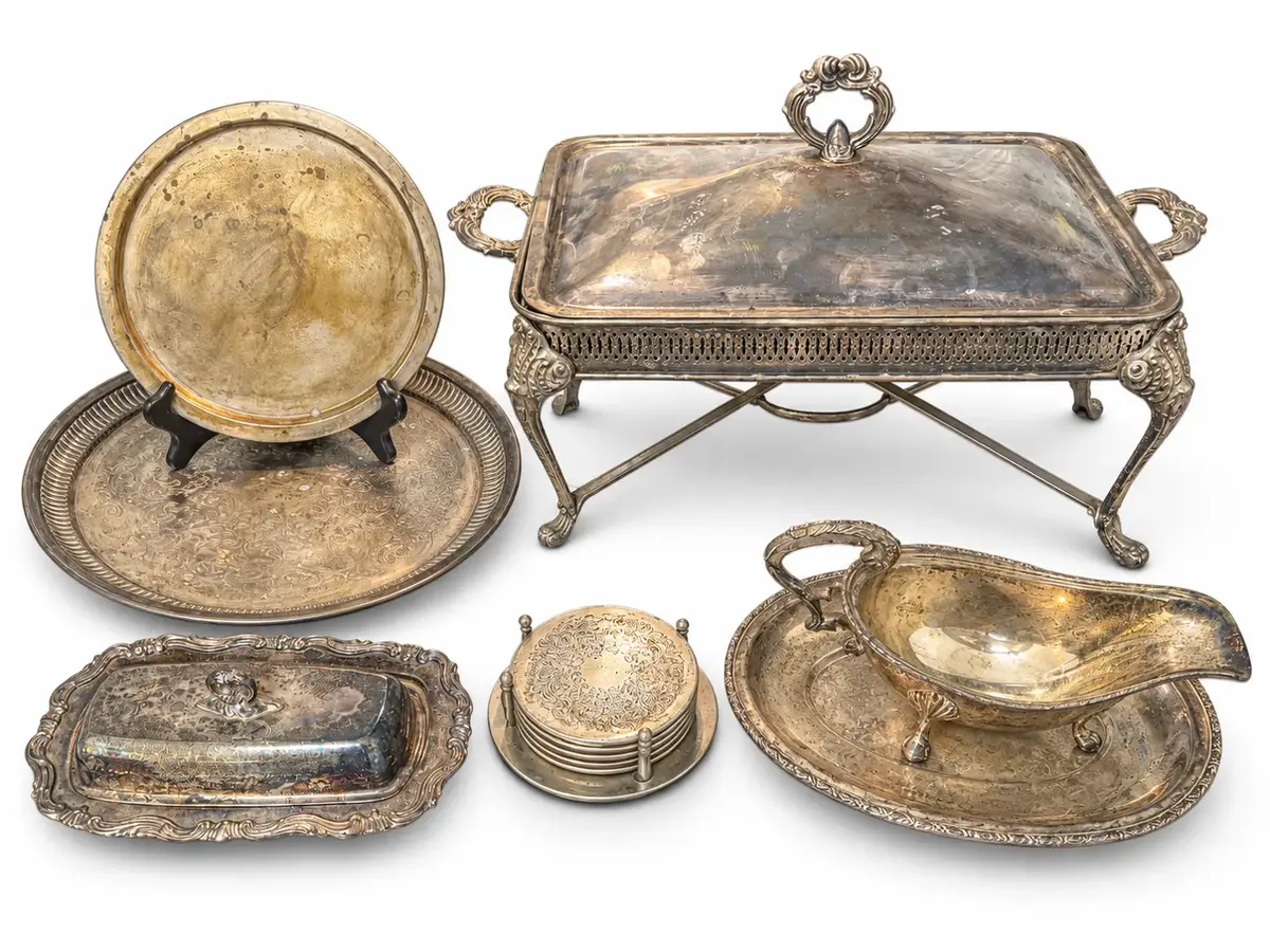 Vintage Silverplate Serving Ware Lot Chafing Dish Gravy Boat Trays & More