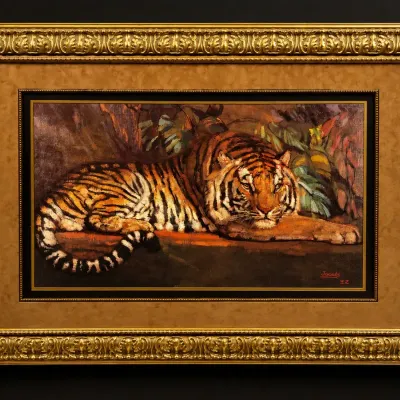 Large Signed Lion Painting Framed Wildlife Art Ornate Gold Frame 47” x 37”