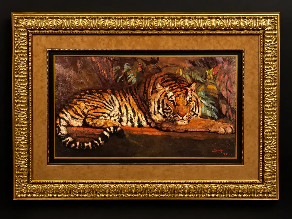 Large Signed Lion Painting Framed Wildlife Art Ornate Gold Frame 47” x 37”
