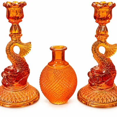 Vintage Orange Cut Glass Lot of 3 – Pair Koi Fish Candlesticks & Bud Vase