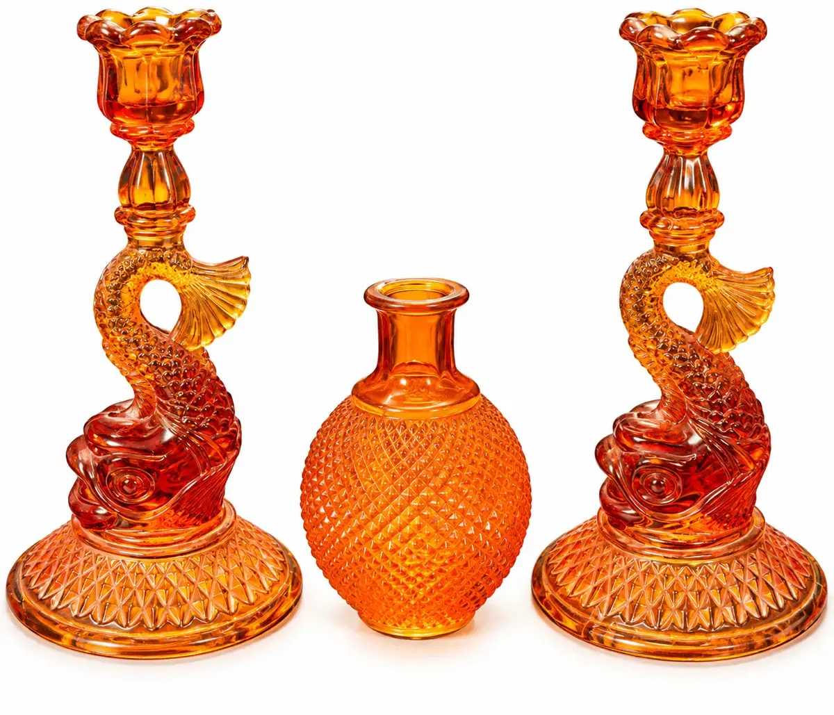 Vintage Orange Cut Glass Lot of 3 – Pair Koi Fish Candlesticks & Bud Vase
