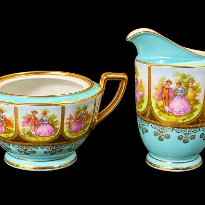 Vintage H&C Heinrich Selb Bavaria Germany Creamer & Sugar Bowl Courting Scene