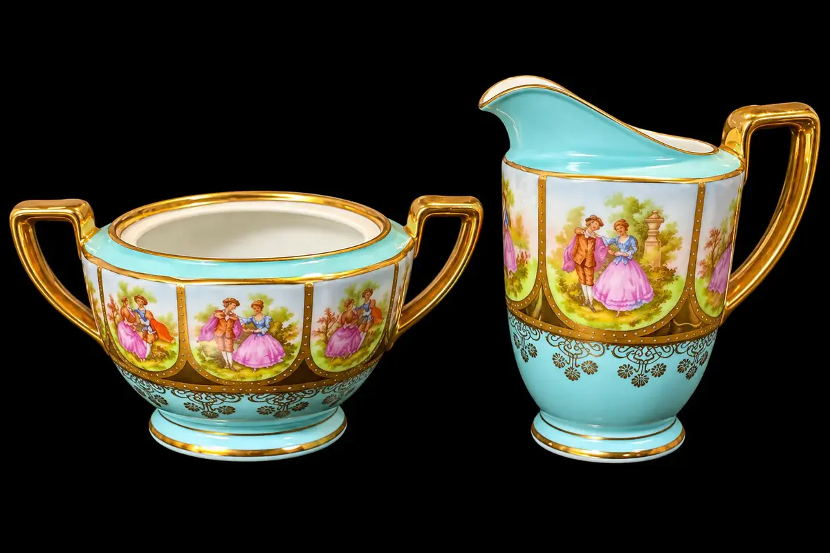 Vintage H&C Heinrich Selb Bavaria Germany Creamer & Sugar Bowl Courting Scene