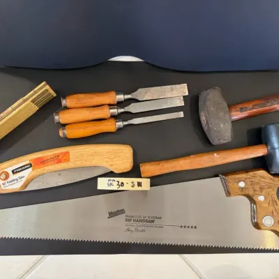 Disston 26” Rip Handsaw Fiskars Folding Saw Chisels Mallets Lufkin Rule Tool Lot